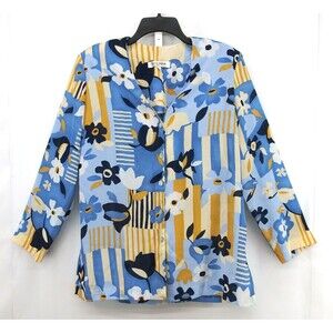 Beverly Rose Shirt Women Size XL Blue Floral Abstract Print Button Up Blouse Top